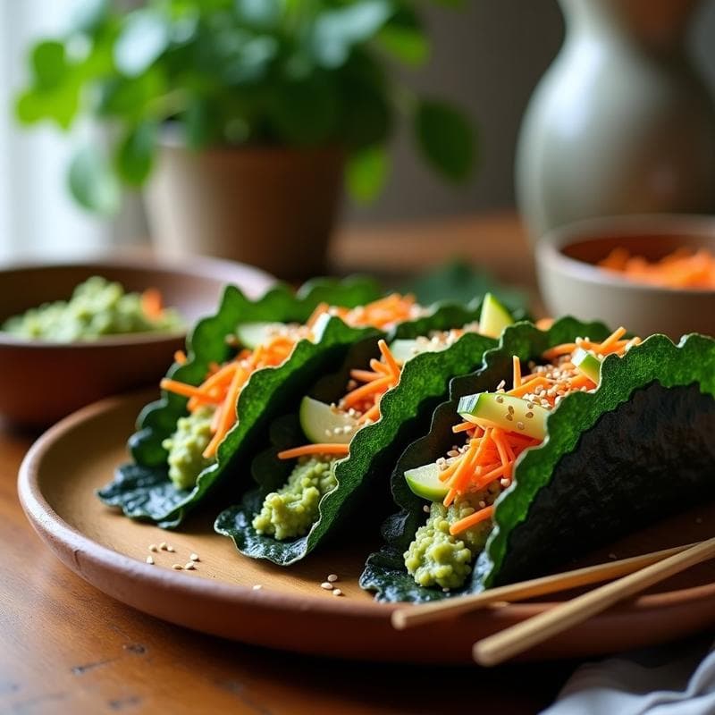 Tacos crujientes de algas nori rellenos de pesto verde de wasabi y semillas de sésamo, acompañados de zanahoria rallada y pepino, servidos en una fuente de madera con palillos, receta japonesa keto en airfryer.