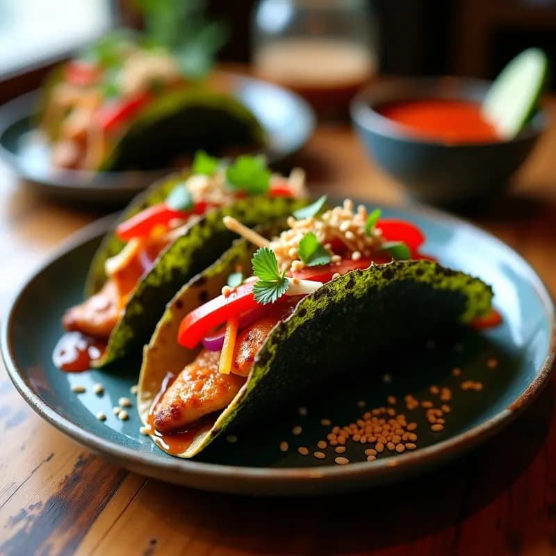 Plato con tacos abiertos de tortilla de maíz rellenos de pollo teriyaki dorado envuelto en tiras de alga nori, cebolla morada y pimiento rojo, espolvoreados con semillas de sésamo. Receta japonesa-mexicana en airfryer alta en proteína.