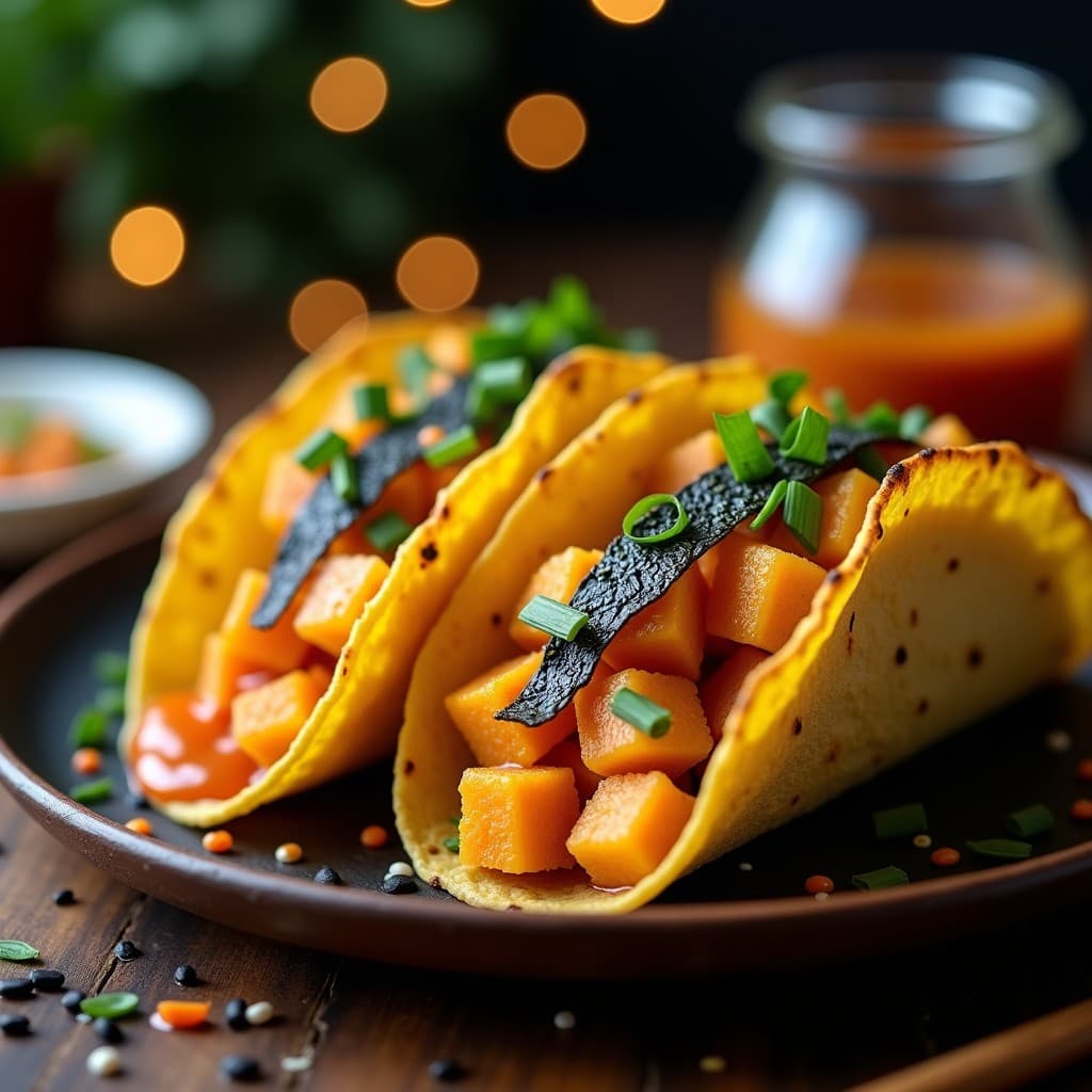 Tacos abiertos de maíz con tempura de calabaza dorada y crujiente, algas nori en tiras, semillas de sésamo y salsa rosada picante, servidos en plato de madera con fondo oscuro. Receta vegana japonesa en airfryer.