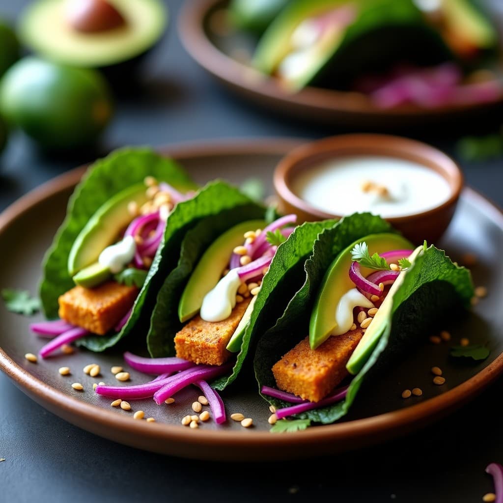 Tacos veganos de algas nori rellenos de tofu dorado en airfryer, aguacate, cebolla morada y semillas de sésamo, servidos en plato de madera rústico con fondo oscuro.