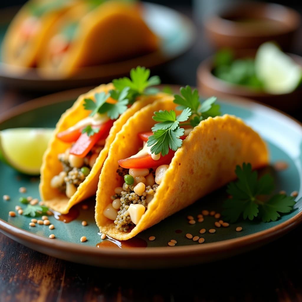 Tacos dorados y crujientes de algas wakame y surimi, servidos en plato de barro con salsa cremosa, semillas de sésamo y cilantro fresco, receta fusion japonesa-mexicana rápida y sin lactosa.