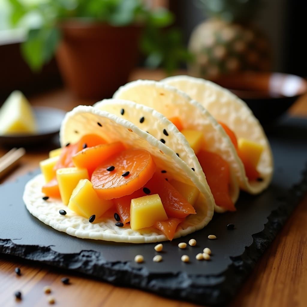 Tacos de algodón de azúcar de piña y salmón vegano con toque japonés en airfryer, servidos en plato negro con semillas de sésamo y crema de anacardos.