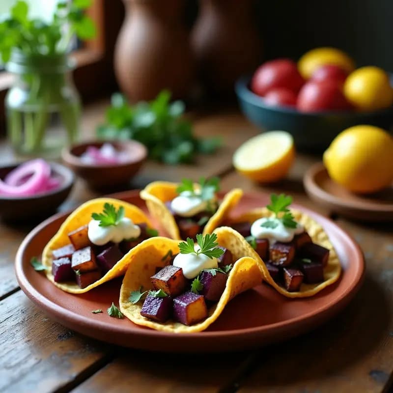 Plato con tacos de maíz abiertos, rellenos de patata morada horneada, anchoas ahumadas desmenuzadas, salsa de yogur griego y cebolla morada, decorados con cilantro fresco.