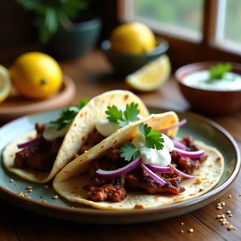 Plato de tacos árabes de falda con salsa de yogur y mentol, carne jugosa en tortillas de harina, cebolla morada, perejil y semillas de sésamo, receta fusion mexicana-libanesa.