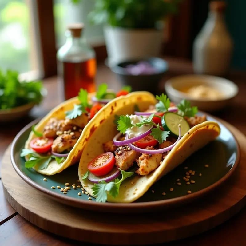 Tacos árabes de shawarma de pollo servidos en pan khobz recién calentado, rellenos de tiras de pollo dorado, lechuga fresca, tomate cherry, pepino y cebolla morada, con un generoso chorro de garlic sauce cremosa y semillas de sésamo tostadas espolvoreadas. Plato colorido y apetitoso con toques de cilantro verde.