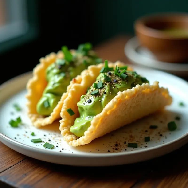 Tacos de arroz inflado dorado rellenos de crema de aguacate verde brillante con polvo de wasabi espolvoreado, semillas de sésamo negro y cebollino picado, servidos en un plato blanco sobre fondo oscuro, receta viral de TikTok.