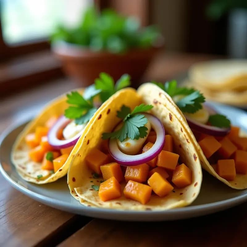 Tacos de auyama asada y queso de cabra gratinado en tortillas de maíz, con cebolla morada, cilantro fresco y un hilo de miel de yacón. Plato colorido y apetecible sobre fondo rústico de madera, típico de la cocina venezolana.