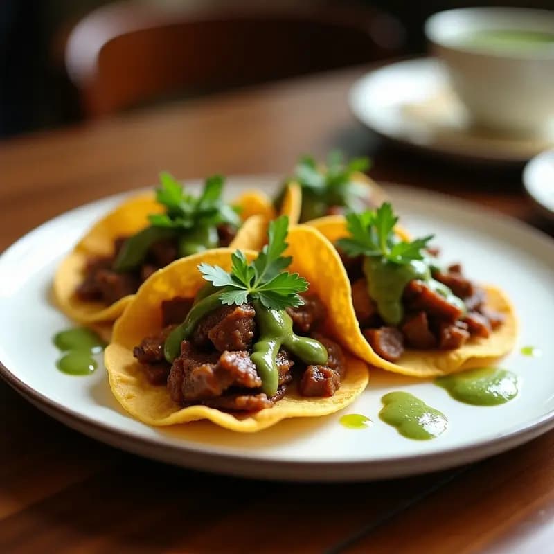 Plato de tacos de barbacoa de ostras con chimichurri de cilantro sobre tortillas de maíz azul, decorados con cebolla morada, rabanos y hojas de lechuga, servidos en una tabla de madera rústica con limones verdes y salsa chimichurri al lado.