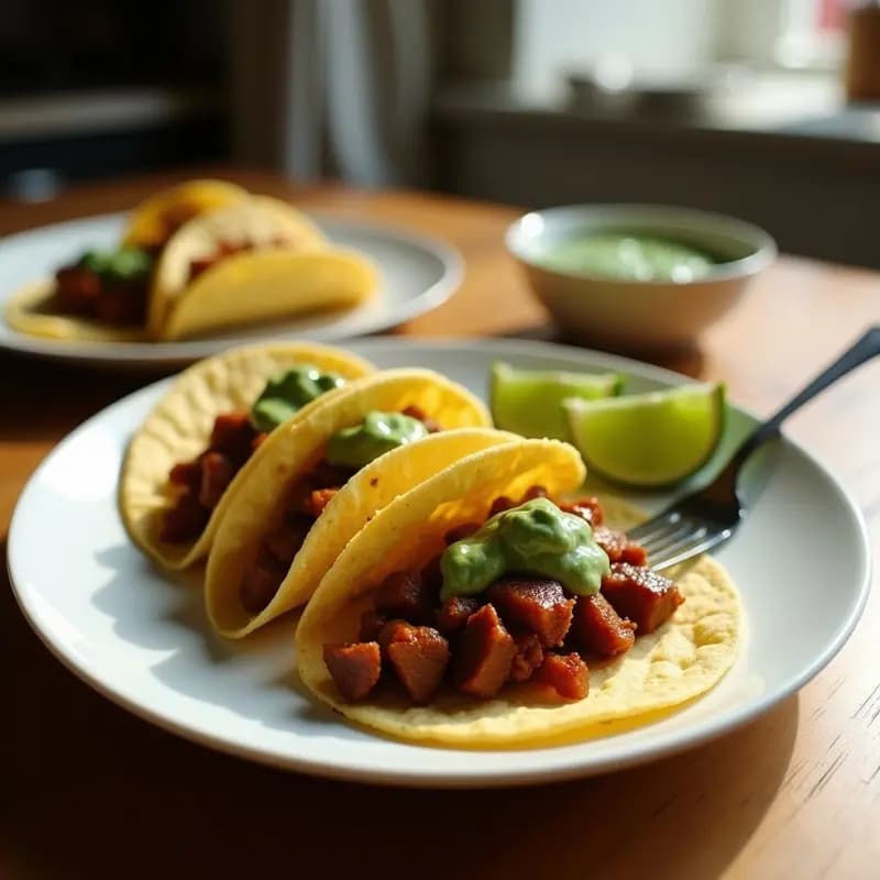 Tacos de barbacoa de seitán con salsa verde en tortillas de maíz azules, decorados con cebolla morada, aguacate y hojas de lechuga romana, servidos en un plato rústico de barro con rodajas de limón al lado.