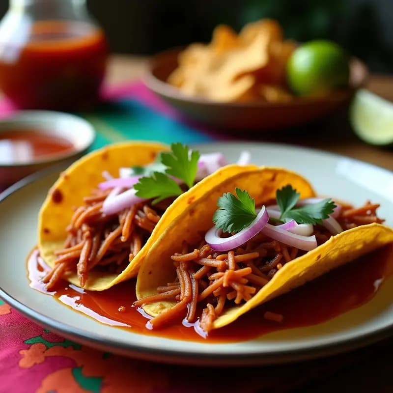 Plato de tacos de birria vegana con jackfruit desmenuzado, tortillas de maíz doradas, cebolla morada, cilantro y limón, acompañados de un bowl de consomé especiado para mojar.