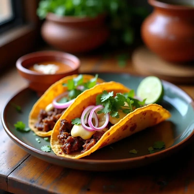 Plato de tacos de birria con queso fundido dorado y burbujeante, tortillas ultra crujientes de maíz azul, carne de res desmenuzada, cebolla morada encurtida y cilantro fresco, junto a una taza de consomé espeso para mojar. Receta mexicana en olla lenta.