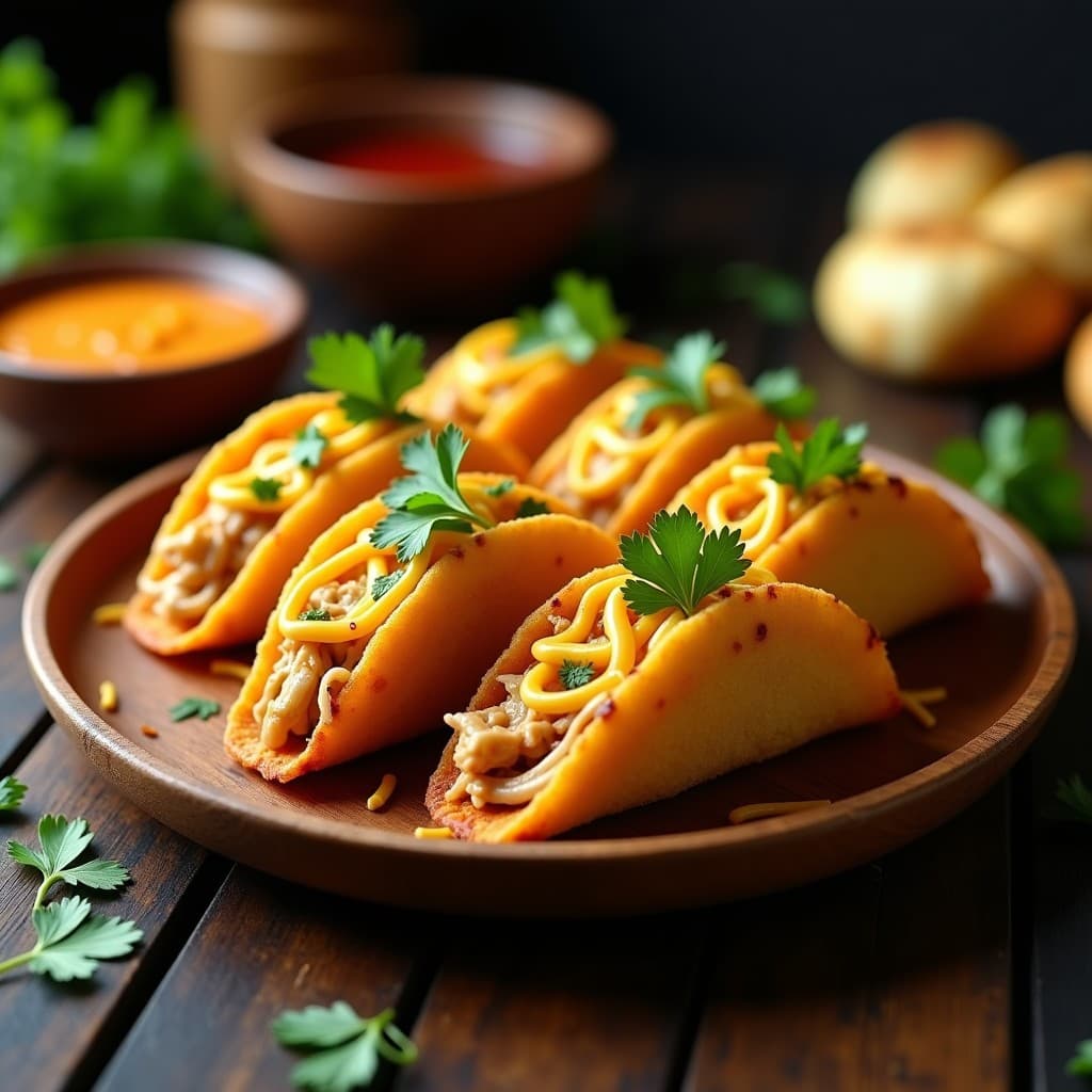 Tacos dorados de bizcocho de maíz rellenos de carimañola desmenuzada, con queso derretido y cilantro fresco, servidos en un plato de madera rústico. Receta colombiana fusion en airfryer.