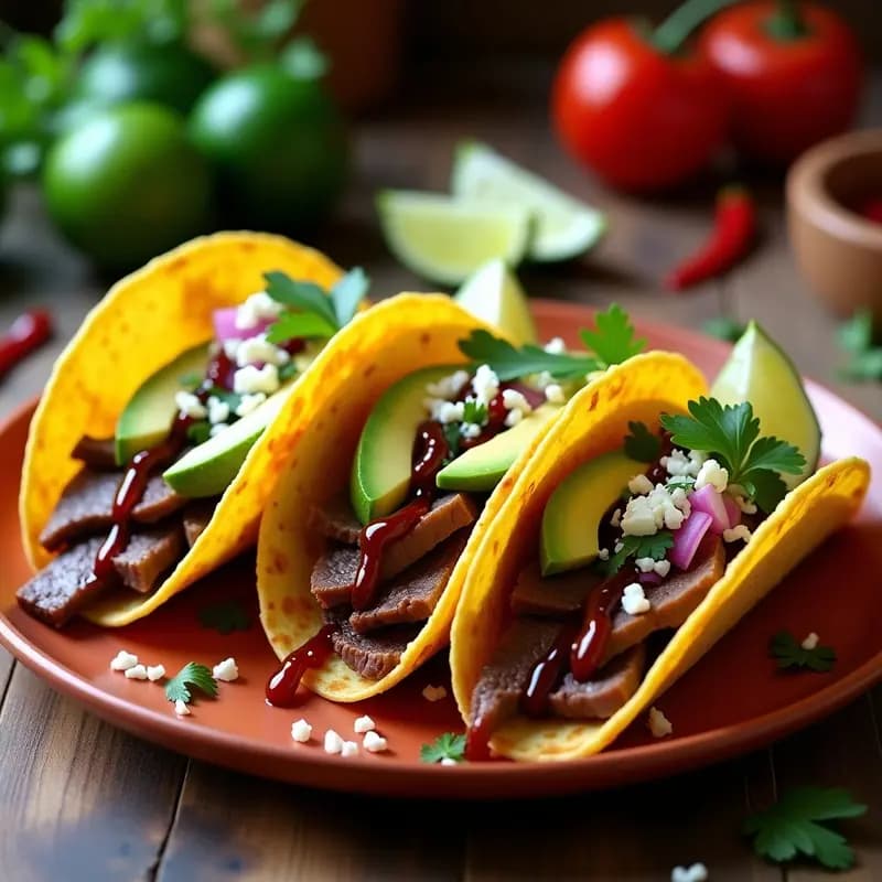 Plato de tacos abiertos de tortilla de maíz azul rellenos de rodajas doradas de brazo de reina español, lechuga romana fresca, queso fresco desmenuzado y salsa de chipotle oscura. Decorados con hojas de cilantro verde sobre un mantel rústico de madera, con limones y chipotles en adobo de fondo.
