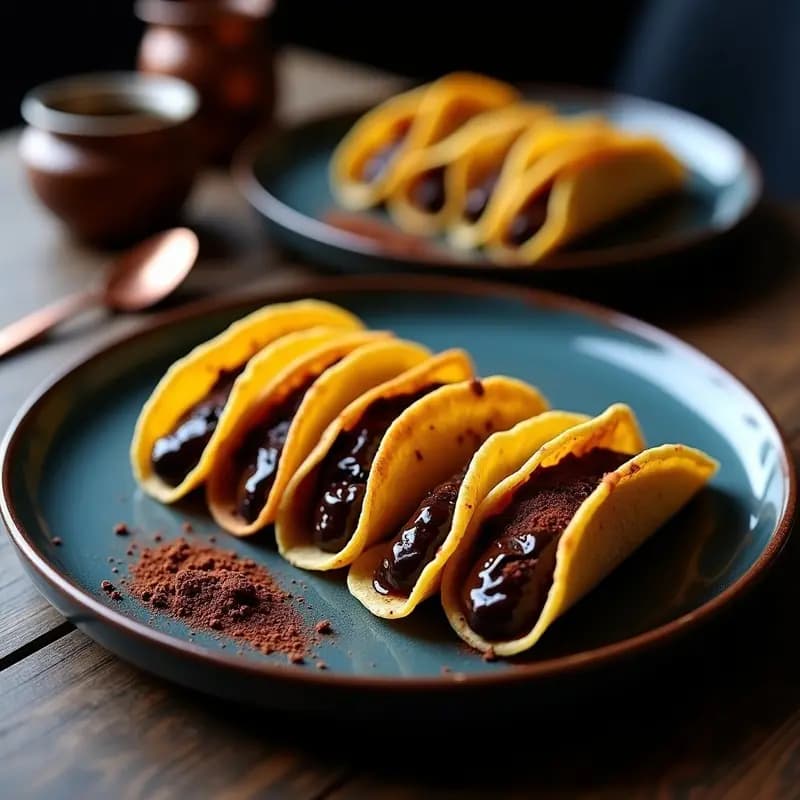 Plato de tacos de café y chocolate con chile pasilla, servidos en tortillas de maíz azules doradas, con un acabado brillante y espolvoreados con chile en polvo.