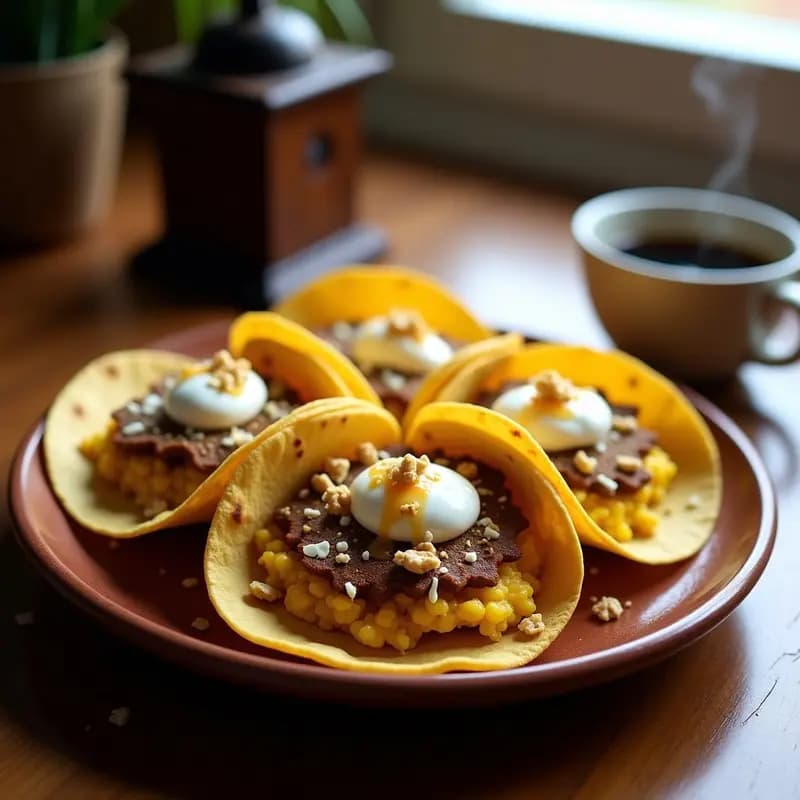 Plato de tacos de café express abiertos, mostrando relleno cremoso de huevo con café, queso fresco, crema agria, miel de agave y nueces picadas sobre tortillas de maíz doradas.