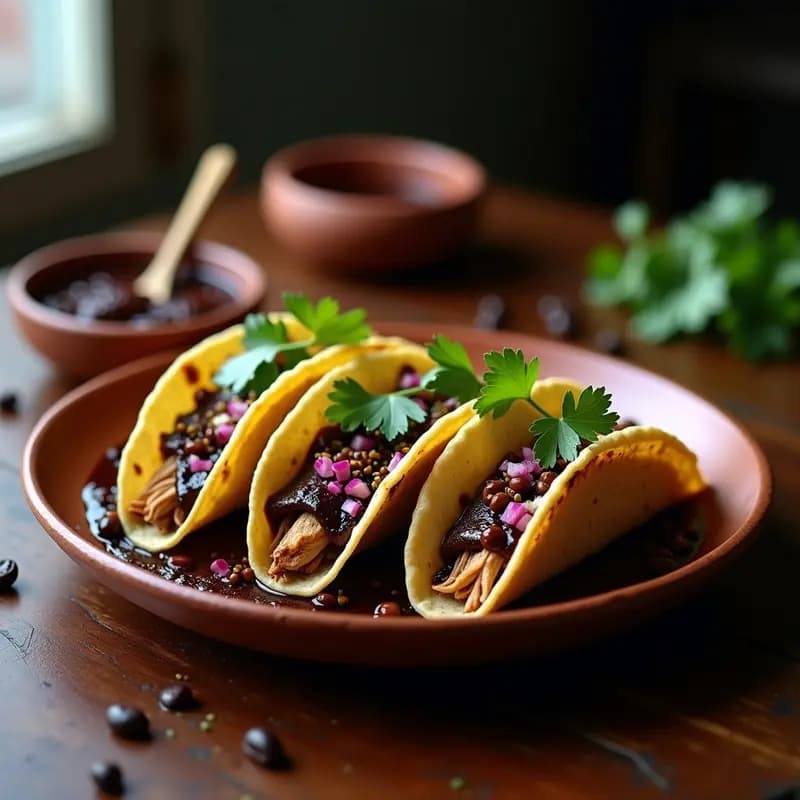 Plato de tacos de café con mole negro oaxaqueño, tortillas azules rellenas de pollo bañado en mole oscuro y brillante, decorado con cebolla morada y cilantro fresco.