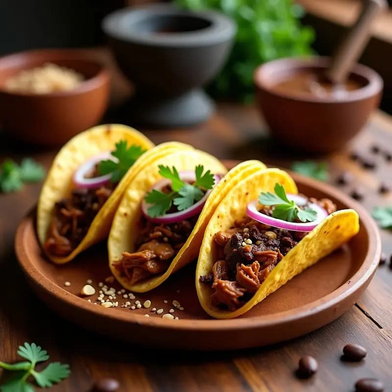 Plato de tacos de café mole con pollito desmenuzado en tortillas de maíz, cubiertos con salsa oscura y decorados con cebolla morada y cilantro fresco.