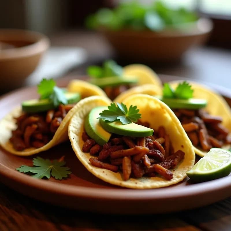 Plato de tacos veganos de jackfruit al café tostado, servidos en tortillas de maíz con aguacate y cilantro fresco, receta gourmet.