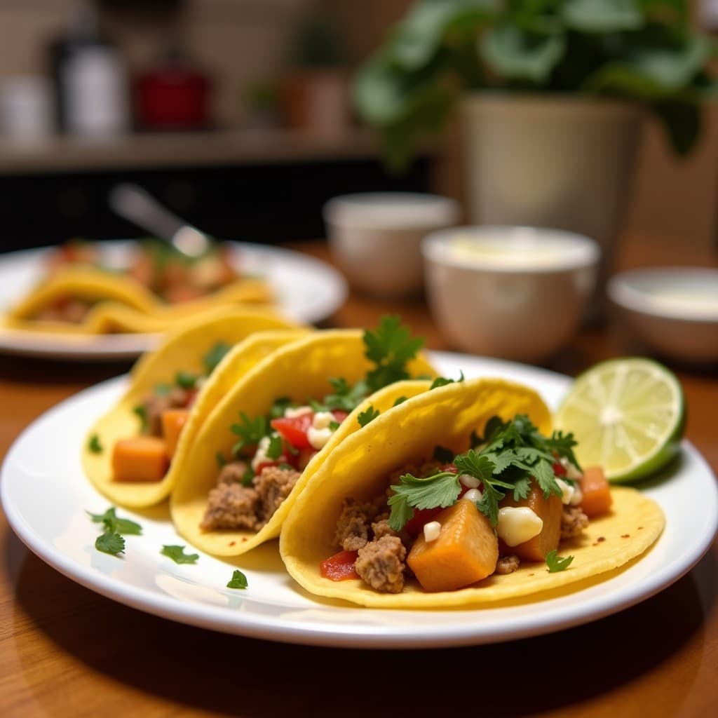 Tacos abiertos de tortilla de maíz con rodajas doradas de calabacín asado en airfryer, queso feta desmenuzado y salsa de aceite de oliva y limón, decorados con perejil fresco y almendras fileteadas sobre un plato de madera rústico.