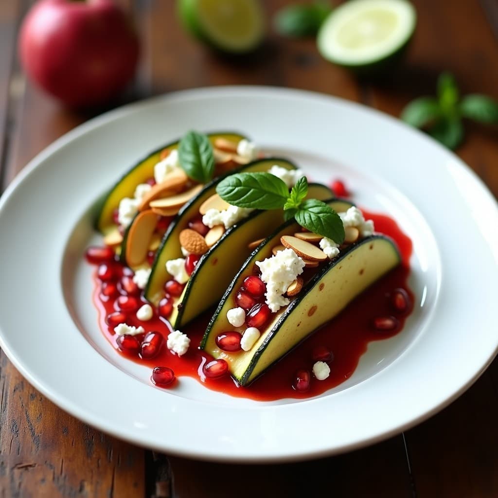 Plato blanco con tacos de calabacín asado en forma de abanico, cubiertos de queso feta desmenuzado, almendras tostadas y salsa de granada con semillas rojas y hojas de menta fresca. Receta griega keto sin tortilla.
