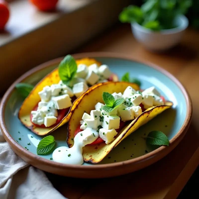 Tacos de calabacín asado con queso feta desmenuzado y salsa cremosa de yogur griego con hierbabuena fresca, servidos en una bandeja de madera rústica. Receta griega fresca y sin gluten.