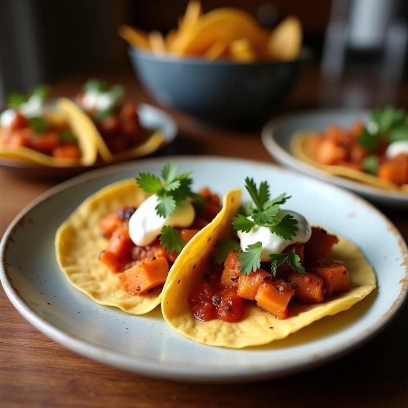 Tacos abiertos de tortilla de maíz azul rellenos de rodajas doradas de calabacín asado y queso halloumi crujiente, bañados en salsa de granada roja y decorados con semillas de granada y hojas de menta fresca, servidos en un plato rústico de barro con fondo de cocina mediterránea.