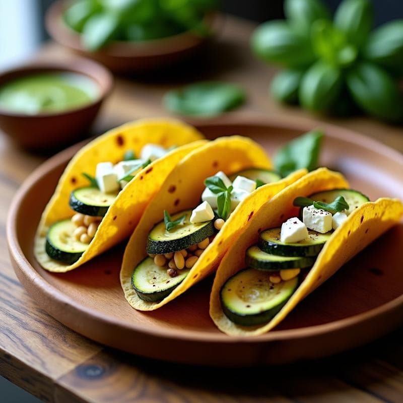 Tacos de calabacín dorados y crujientes con queso feta desmenuzado y salsa de pesto de algas verde oscuro, servidos en un plato de madera rústico con rodajas de limón. Receta sin gluten en airfryer.