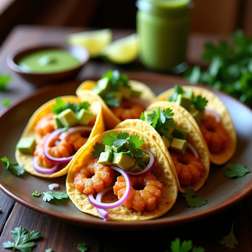 Tacos de camarones al ajillo en airfryer con mojo de cilantro y limón, servidos en tortillas de maíz azules con cebolla morada y aguacate, sobre un plato de barro rústico con fondo de madera oscura.