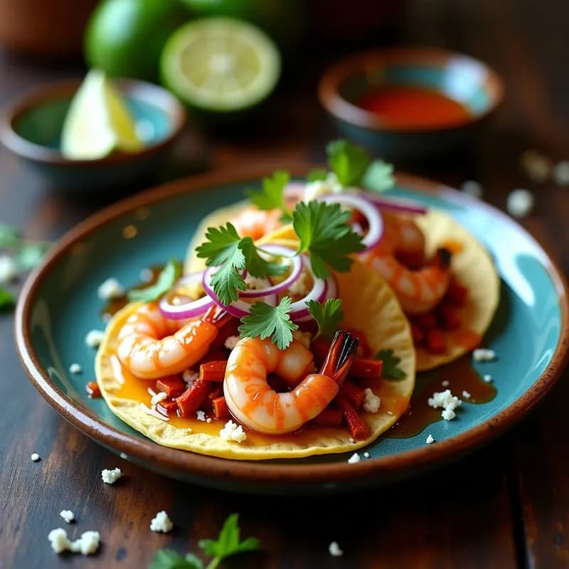 Tacos gourmet de camarones al ajillo y chile de árbol servidos en tortillas de maíz azules, decorados con cebolla morada, cilantro, queso fresco y crema ácida sobre un plato de barro negro mexicano.