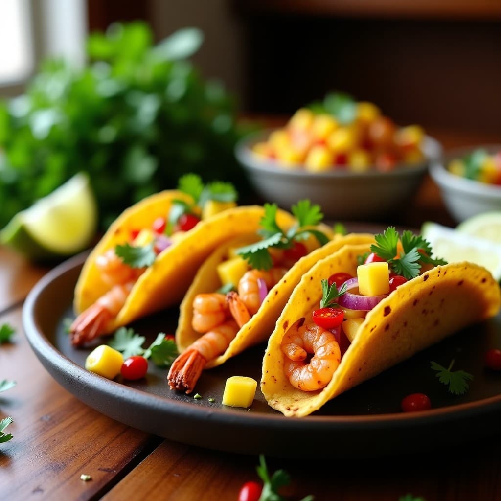 Tacos de camarones al ajillo dorados en tortillas de maíz azules, servidos en un plato de barro con salsa de mango y chile serrano, cilantro fresco y crema agria, receta mexicana en airfryer.