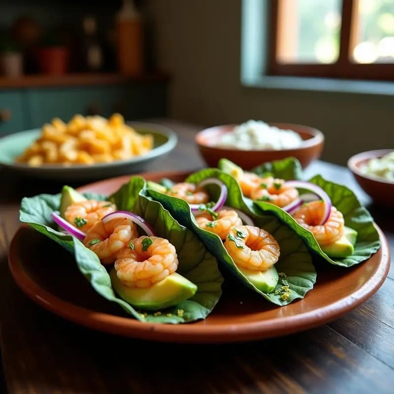 Plato de tacos de camarón al mojillo con tortillas de maíz azul, decorados con cebolla morada, aguacate y hojas de lechuga, servidos en un plato de barro rústico con fondo de madera oscura.