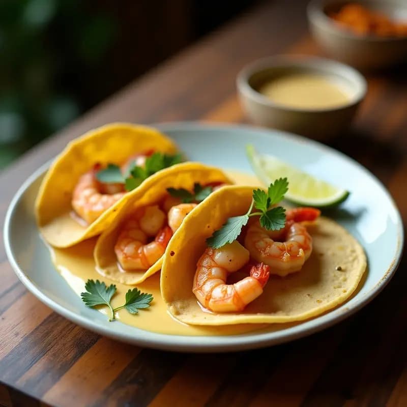 Tacos de maíz dorados rellenos de camarones jugosos al moqueca, bañados en una salsa cremosa de leche de coco, decorados con cilantro fresco y rodajas de aguacate sobre un plato de madera rústico. Receta brasileña en airfryer con toque picante.