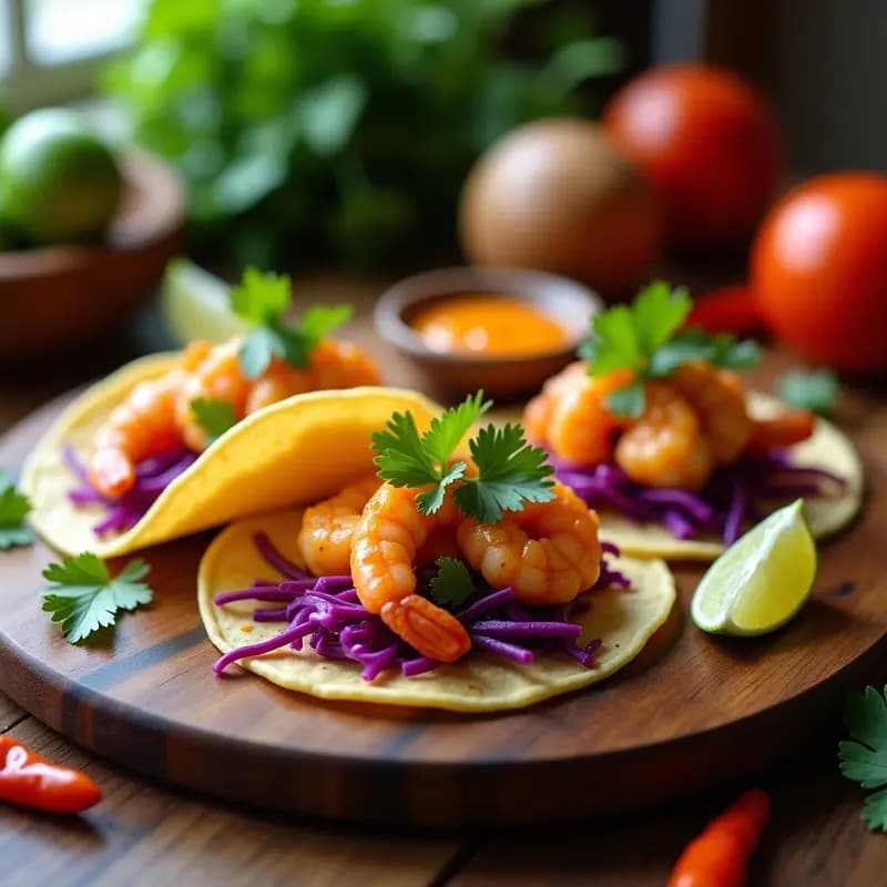 Plato colorido con tacos de camarones rosados sobre tortillas de maíz, bañados en salsa de mango habanero naranja brillante, acompañados de repollo morado vibrante y cilantro fresco, con rodajas de lima al lado. Receta fusión tailandesa-mexicana viral.