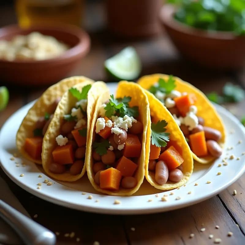 Plato de tacos dorados de camote y frijoles con salsa de chipotle, sobre fondo rústico de madera. Los tacos están crujientes, rellenos de camote naranja asado y frijoles pinto, bañados en salsa de chipotle cremosa. Decorados con queso fresco desmenuzado, cilantro fresco y rodajas de limón. Receta vegetariana mexicana tradicional.