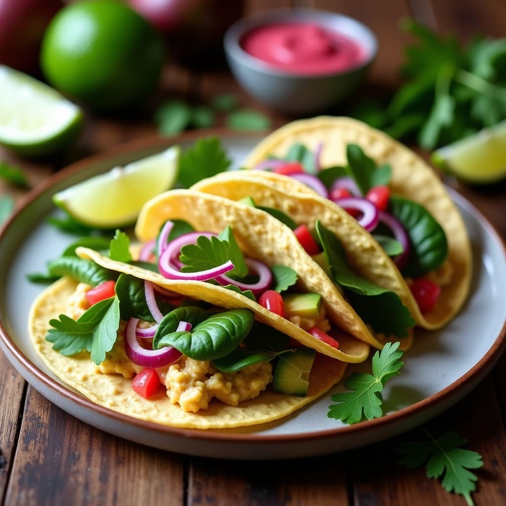 Plato colorido con tacos de maíz azul abiertos, rellenos de aguacate cremoso mezclado con camu camu, hojas de espinaca baby, cebolla morada y cilantro, bañados con salsa rosa de guayaba. Presentación fresca y vibrante sobre fondo rústico de madera.