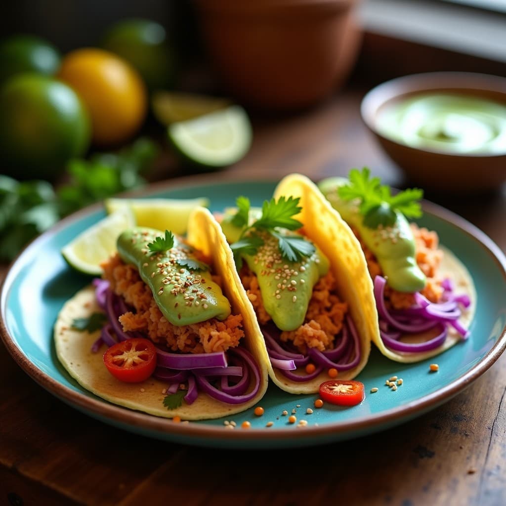 Plato de tacos veganos de palmito desmenuzado marinado con especias dimethyl Kashmiri, crema de aguacate y semillas de sésamo, servidos en tortillas de maíz azules con lechuga morada y cilantro fresco.