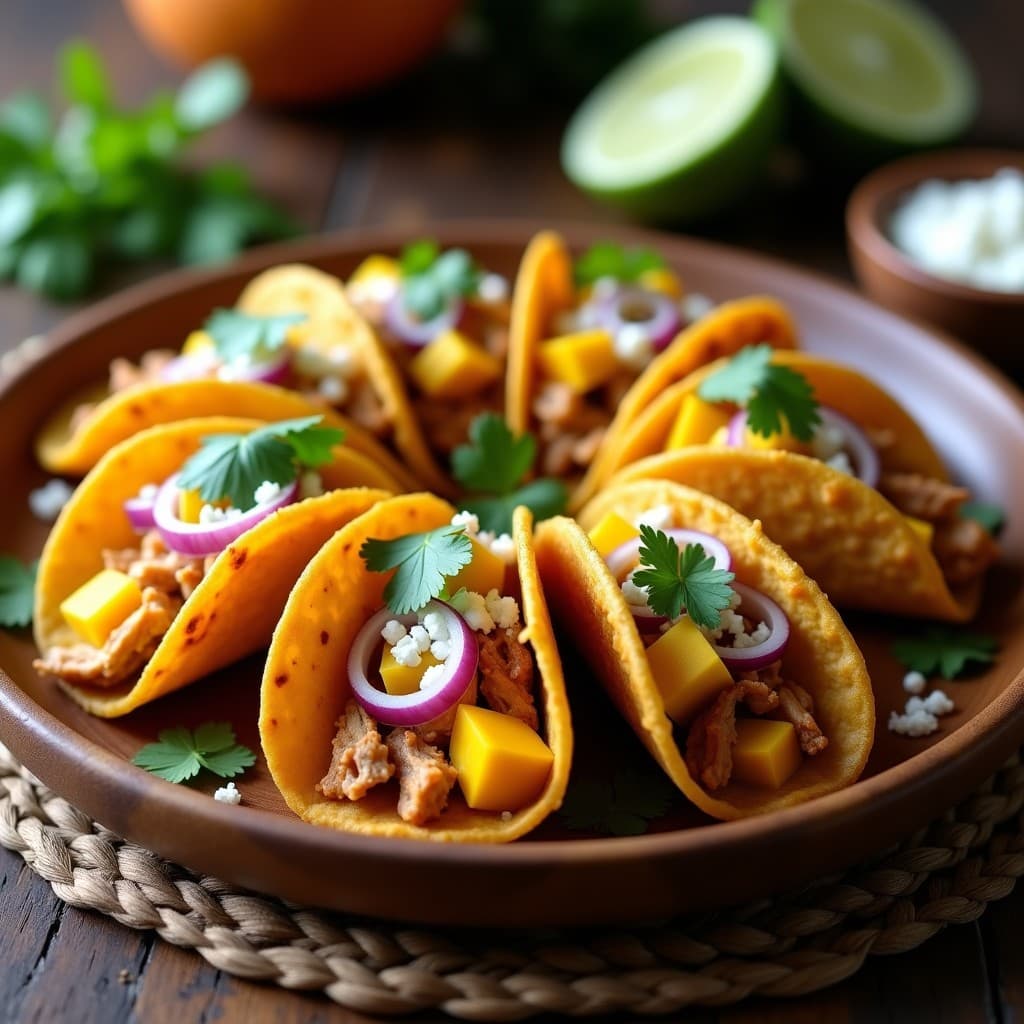 Tacos de carimañolas de yuca doradas y crujientes rellenas de pollo desmenuzado y mango fresco, servidas sobre hojas de lechuga morada con salsa de ají dulce, receta colombiana en airfryer.