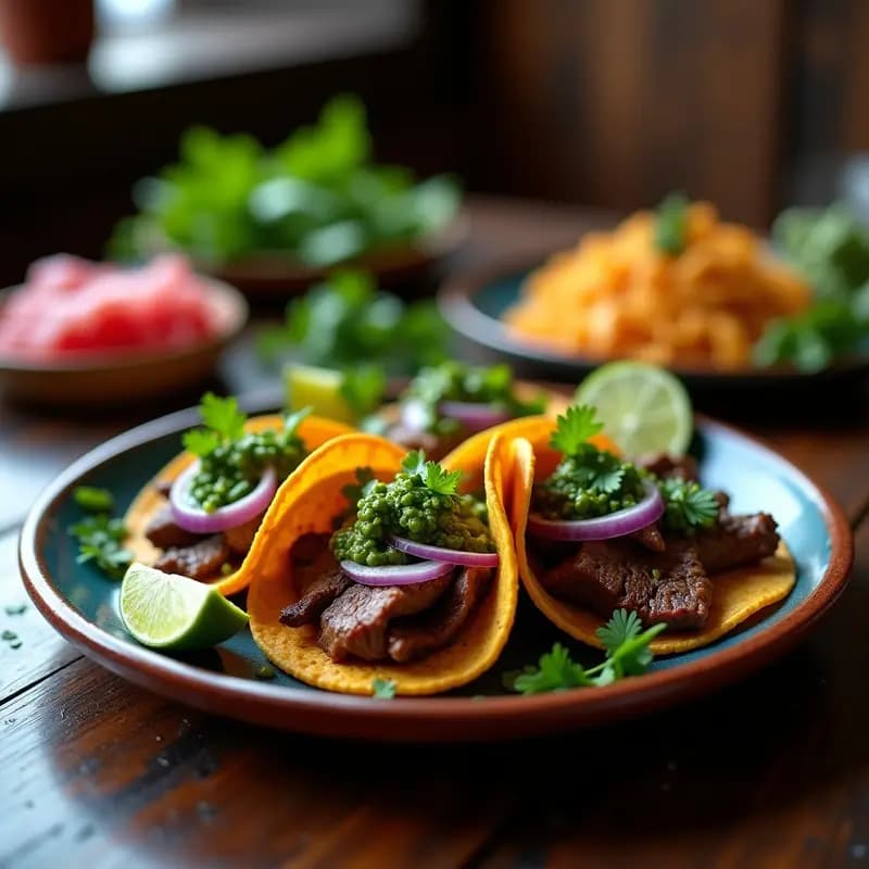 Tacos de carne asada en tortillas de maíz azules con chimichurri verde vibrante, cebolla morada y chile serrano, servidos en un plato de barro sobre una mesa de madera rústica.