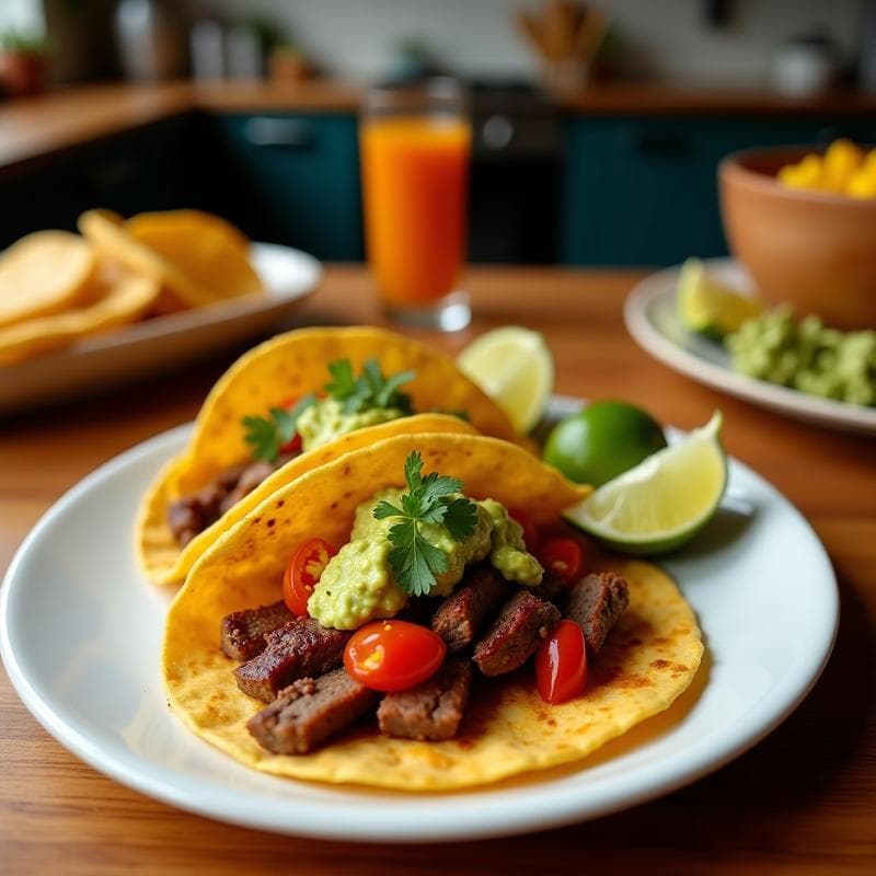 Tacos de carne de res secada al sol con trozos dorados y crujientes, servidos en tortillas de maíz azules, coronados con guacamole de mango fresco y vibrante, acompañados de rodajas de limón y cilantro. Receta mexicana tradicional en airfryer.