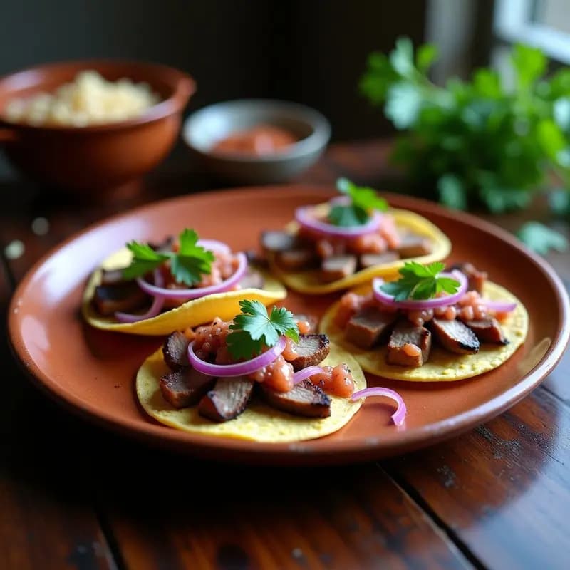 Tacos gourmet en tortillas de maíz azul con trozos de venado, codorniz ahumada y jabalí, bañados en salsa de guayaba rosada, decorados con cebolla morada encurtida y cilantro fresco, servidos en plato de barro rústico.