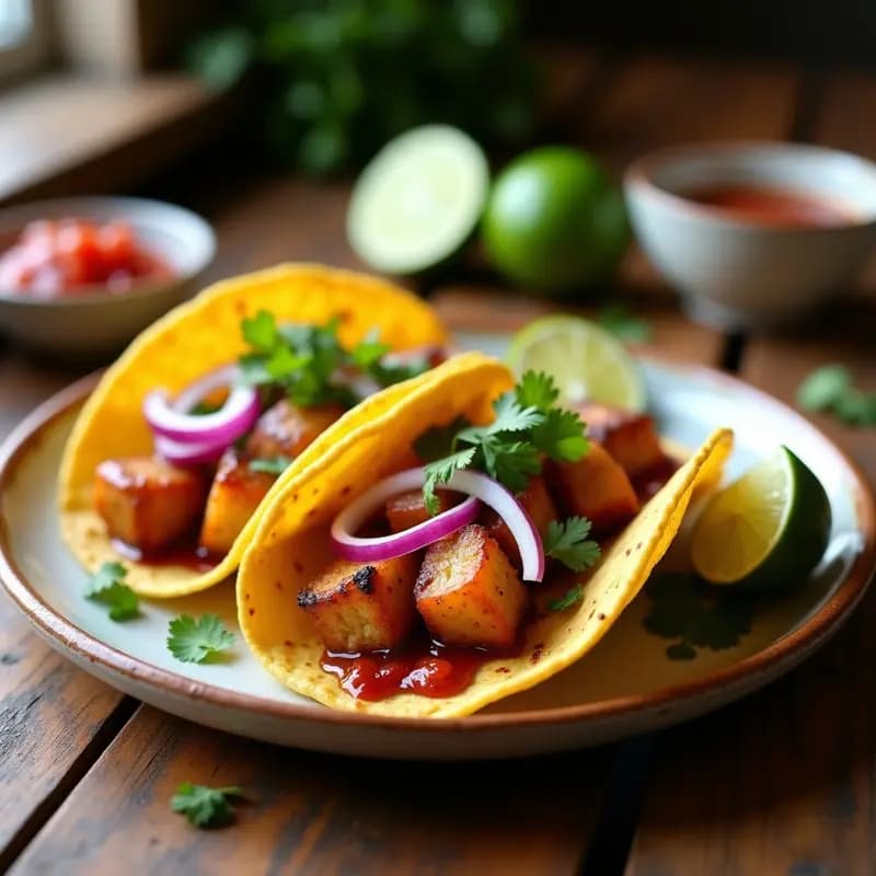 Plato de tacos de carnitas de patata vegana con sabor a cerdo, servidos en tortillas de maíz doradas, acompañados de cilantro fresco, cebollino y limón. Textura desmenuzada y jugosa, con un color dorado y especiado.
