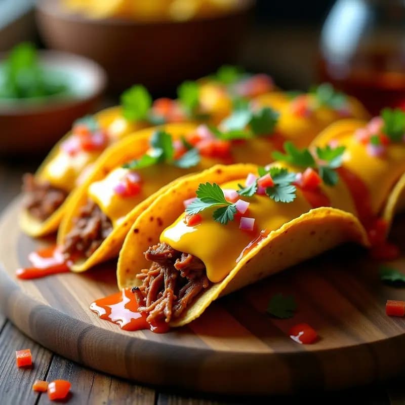 Tacos dorados rellenos de carnitas jugosas, cubiertos de queso cheddar y mozzarella fundido gratinado, acompañados de salsa brillante de piña habanera y cebolla morada picada con cilantro. Plato de tacos de carnitas con queso fundido y salsa de piña habanera listos para servir.