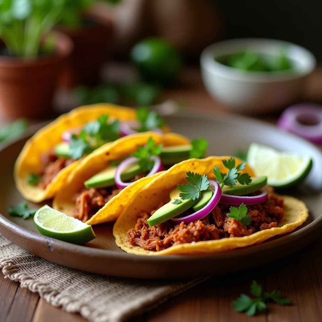 Plato de tacos de carnitas veganas con jackfruit desmenuzado dorado, servidos en tortillas de maíz con aguacate, cilantro fresco y gajos de limón, receta cocina mexicana.