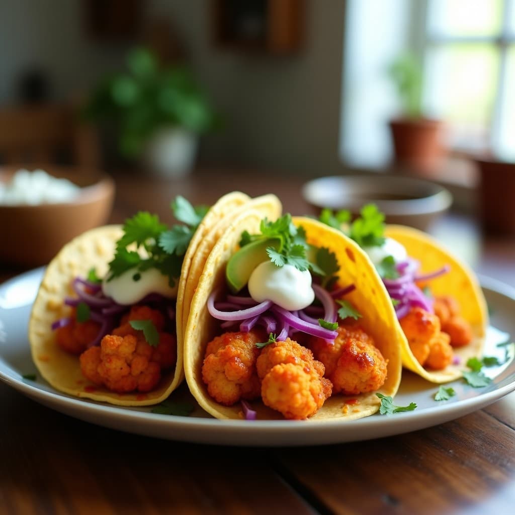 Plato con tacos veganos de coliflor al estilo Buffalo, crujientes y dorados, servidos en tortillas de maíz con aguacate, lechuga morada y salsa de yogur. Receta en airfryer.