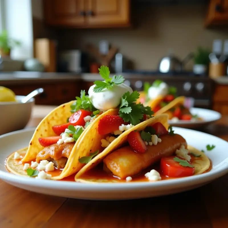 Plato blanco con tacos de maíz tostados rellenos de queso fresco desmenuzado, fresas en cubos bañadas en salsa chamoy, decorados con azúcar glass, chile en polvo y hojas de menta. Fondos borrosos con colores vibrantes de la salsa roja y las fresas, receta dulce-salada viral.