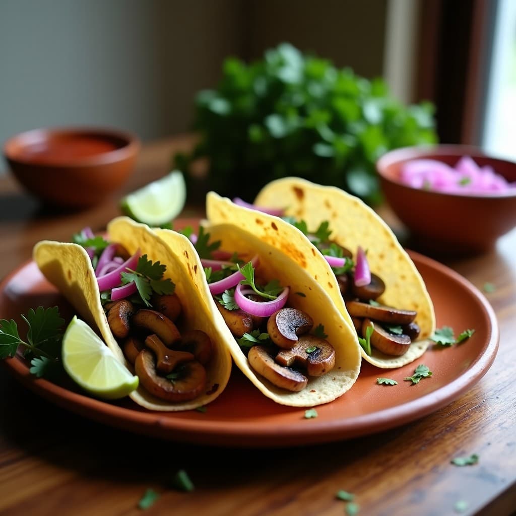 Plato de tacos veganos de champiñones al ajo, con tortillas de maíz rellenas de champiñones portobello salteados, cebolla morada y cilantro fresco, servidos sobre una tabla de madera rústica.