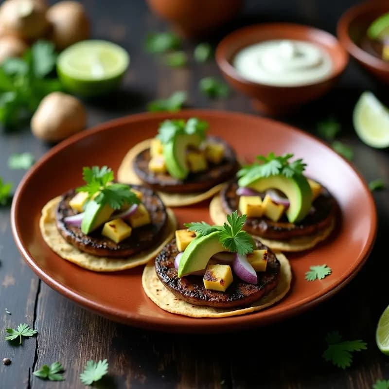 Tacos veganos de champiñones portobello ahumados en tortillas de maíz, con aguacate, cebolla morada y cilantro, servidos en plato de barro rústico.