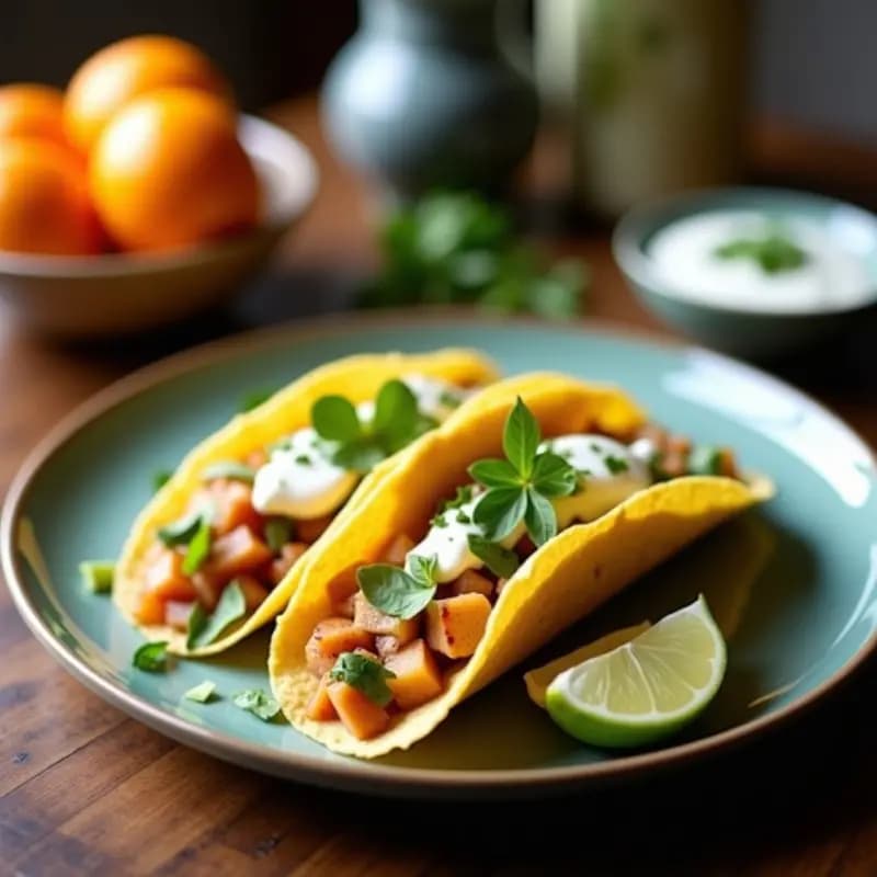 Plato de tacos de chayote y feta con salsa de yogur y menta sobre tortillas de maíz, decorados con cebolla morada, tomate cherry y semillas de sésamo, receta fusion mexicana-griega.