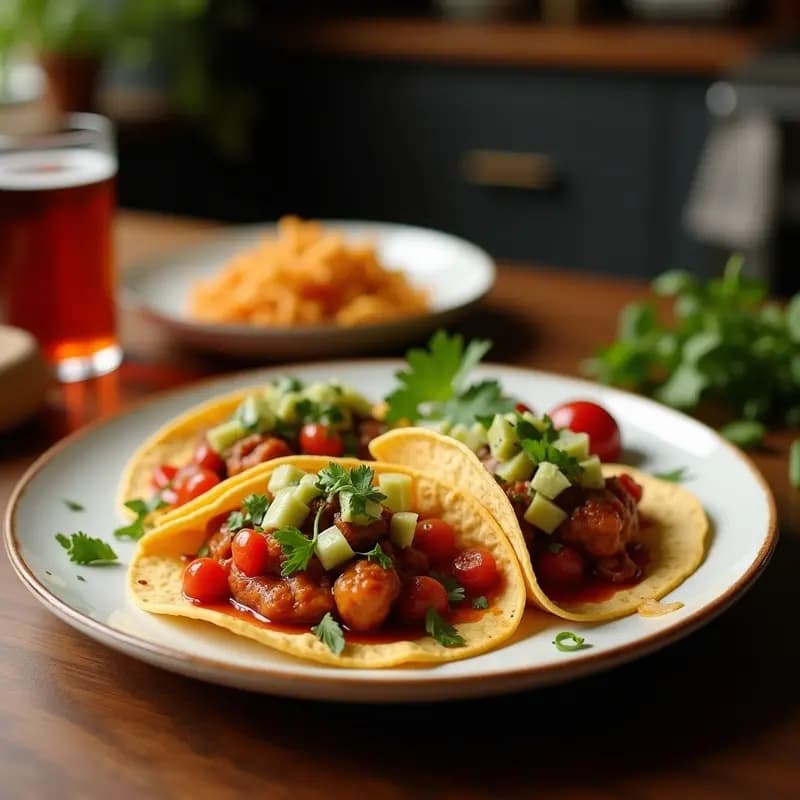 Tacos dorados y crujientes de maíz morado rellenos de pollo al achiote, con cebolla morada y cilantro fresco, servidos en un plato de barro con limón al lado. Receta peruana de tacos de chicha morada con pollo al achiote.