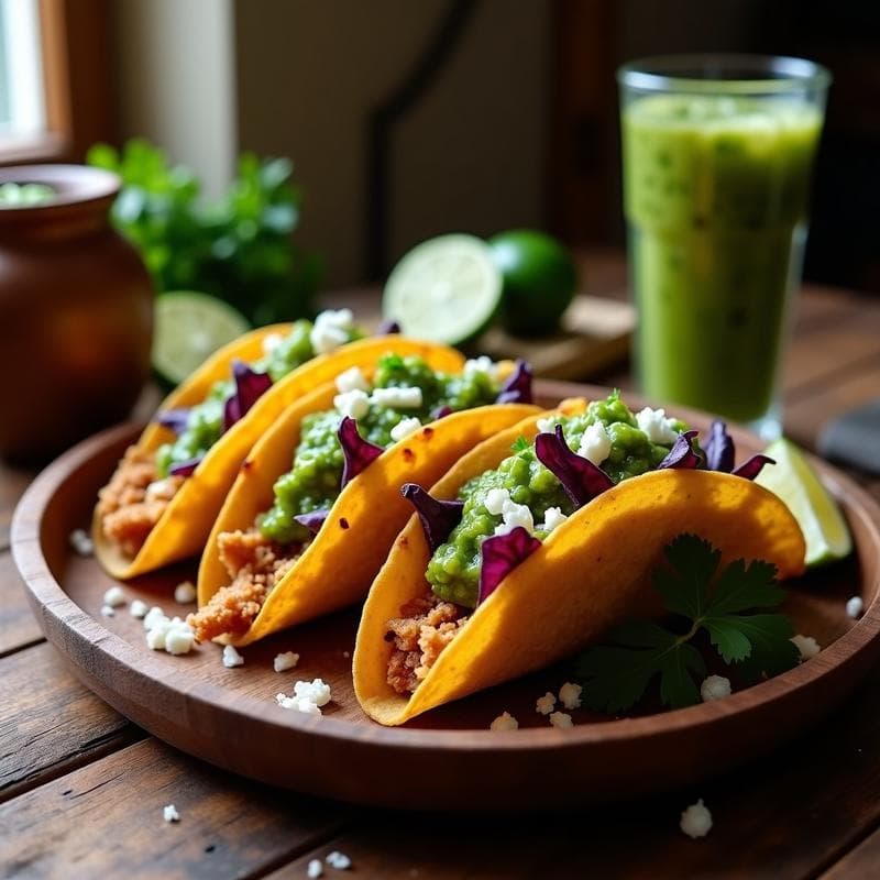 Plato de Tacos de Chicharrón de Hobbit con Salsa Verde en Airfryer: tortillas de maíz azules rellenas de chicharrón crujiente dorado, hojas de lechuga morada, queso fresco desmenuzado y bañadas en salsa verde fresca, servidos en un plato rústico de madera con decoración temática de fantasía.